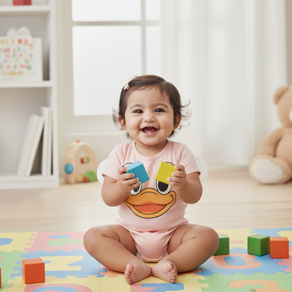 Cubtales Girls Pink Duck Face Cotton Romper for Baby Girls