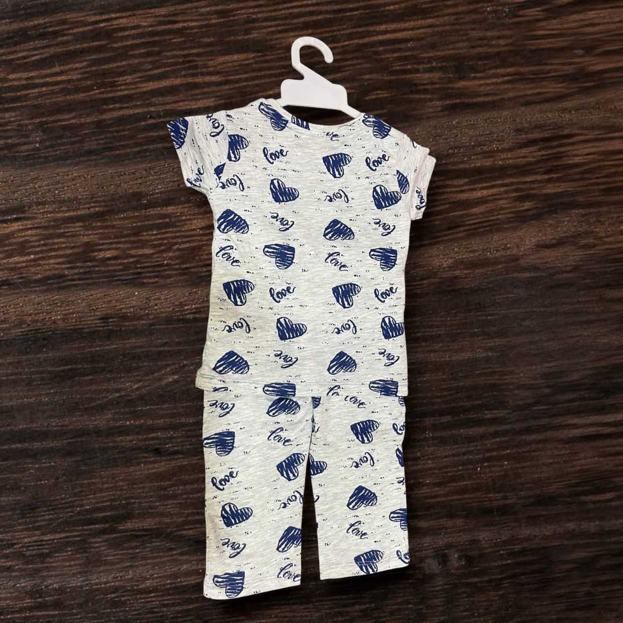 Cubtales Girls Co-ord Set – White & Blue Heart Print T-Shirt and Pants
