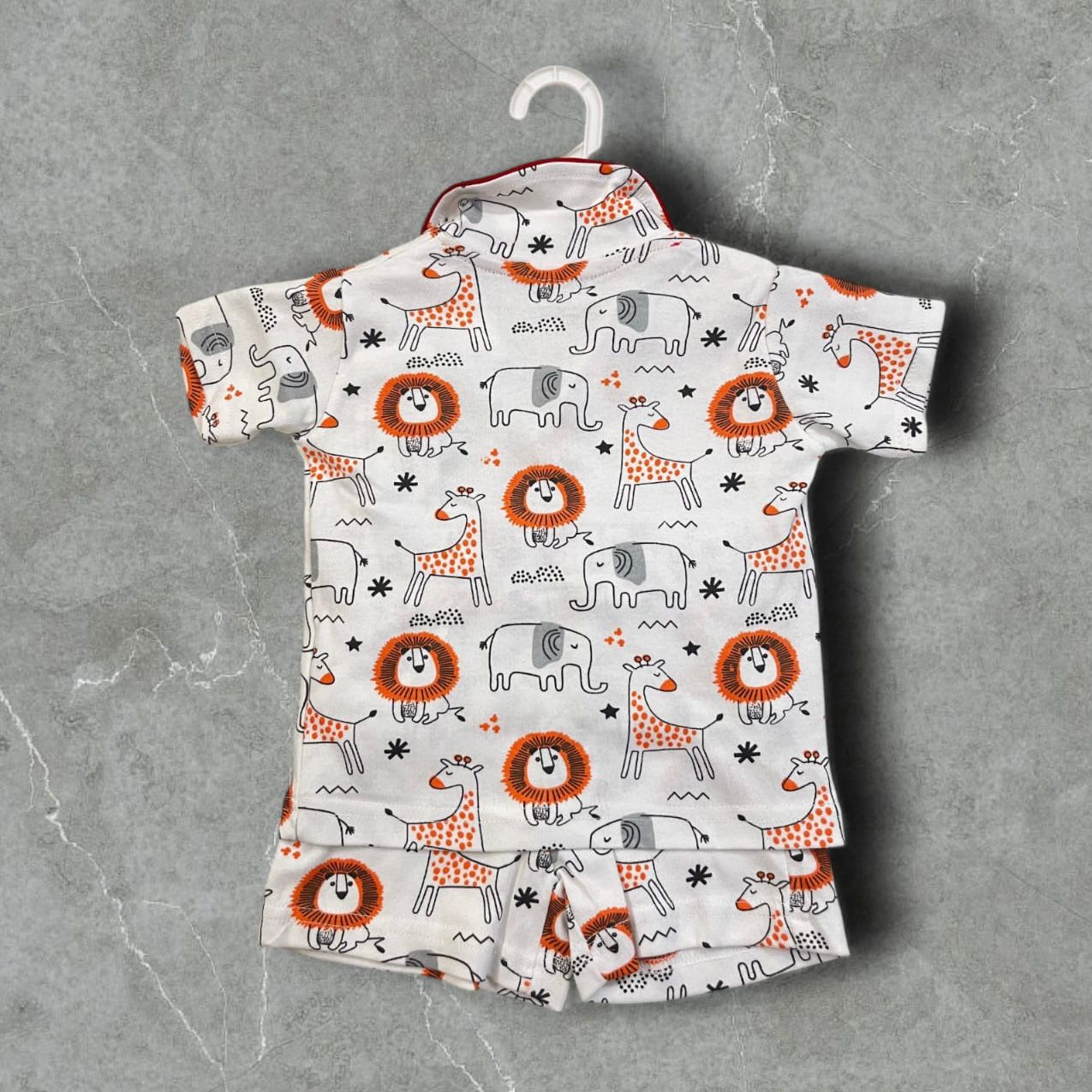 Cubtales Boys Night Suit – White Safari Print Shirt & Shorts Set