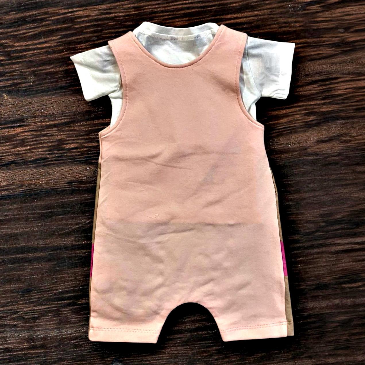 Cubtales Girls Cat Face Print Pink and Beige Dungaree Set for Baby Girls