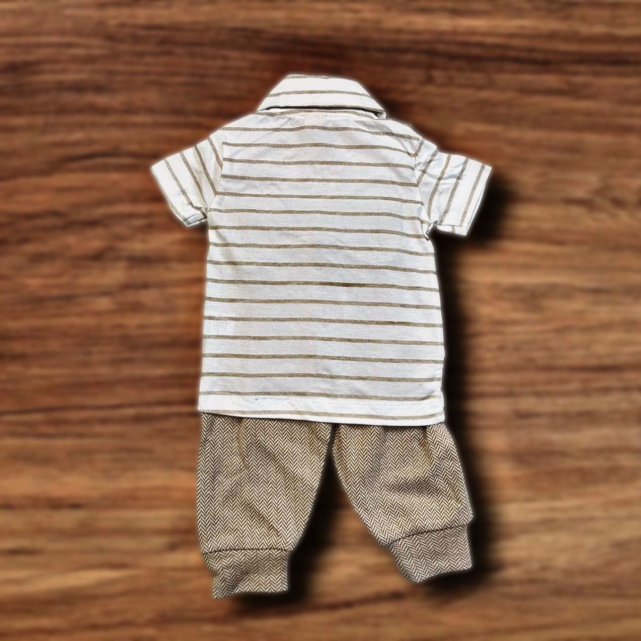 Cubtales Boys Beige Stripe Formal Co-ord Set with Shirt, Vest, Bow Tie & Pants for Baby Boys