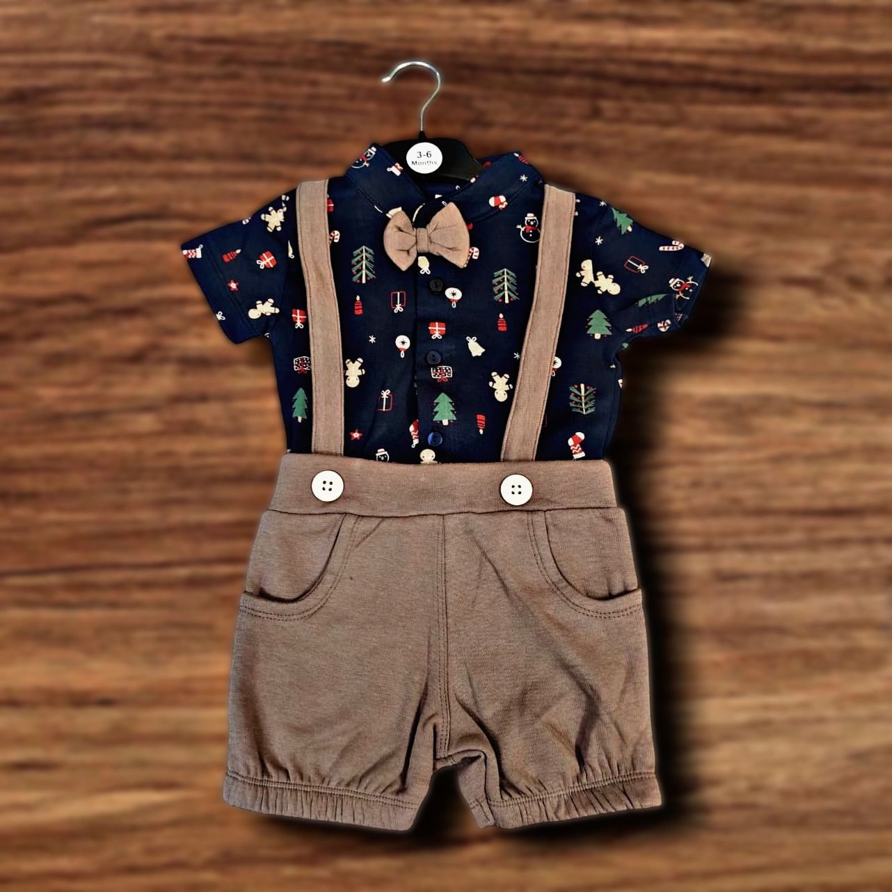 Cubtales Boys Christmas Print Navy Shirt and Brown Shorts Set for Baby Boys