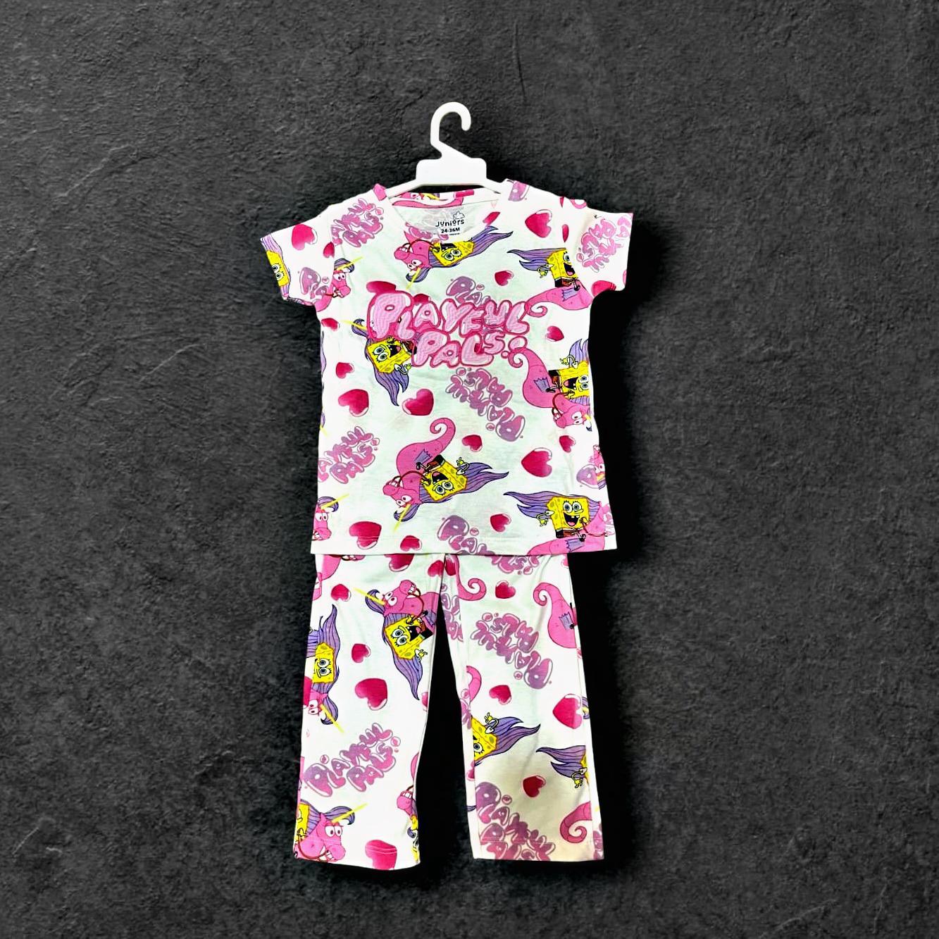 Girls Co-ord Set in White Cotton – Sponge Bob Motif | Cubtales