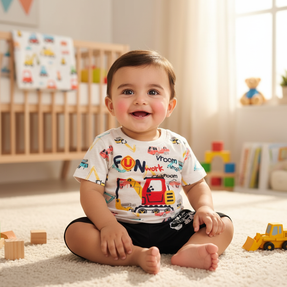 Cubtales Boys Fun Work Vroom Excavator Print T-Shirt and Black Shorts Set for Baby Boys