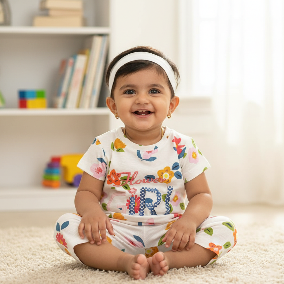 Girls Co-ord Set in White Cotton – Floral Motif | Cubtales