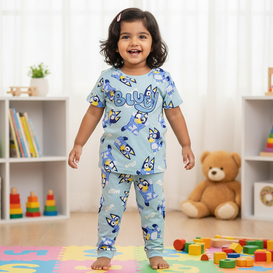 Cubtales Blue Print Cotton Pyjama Set for Toddlers