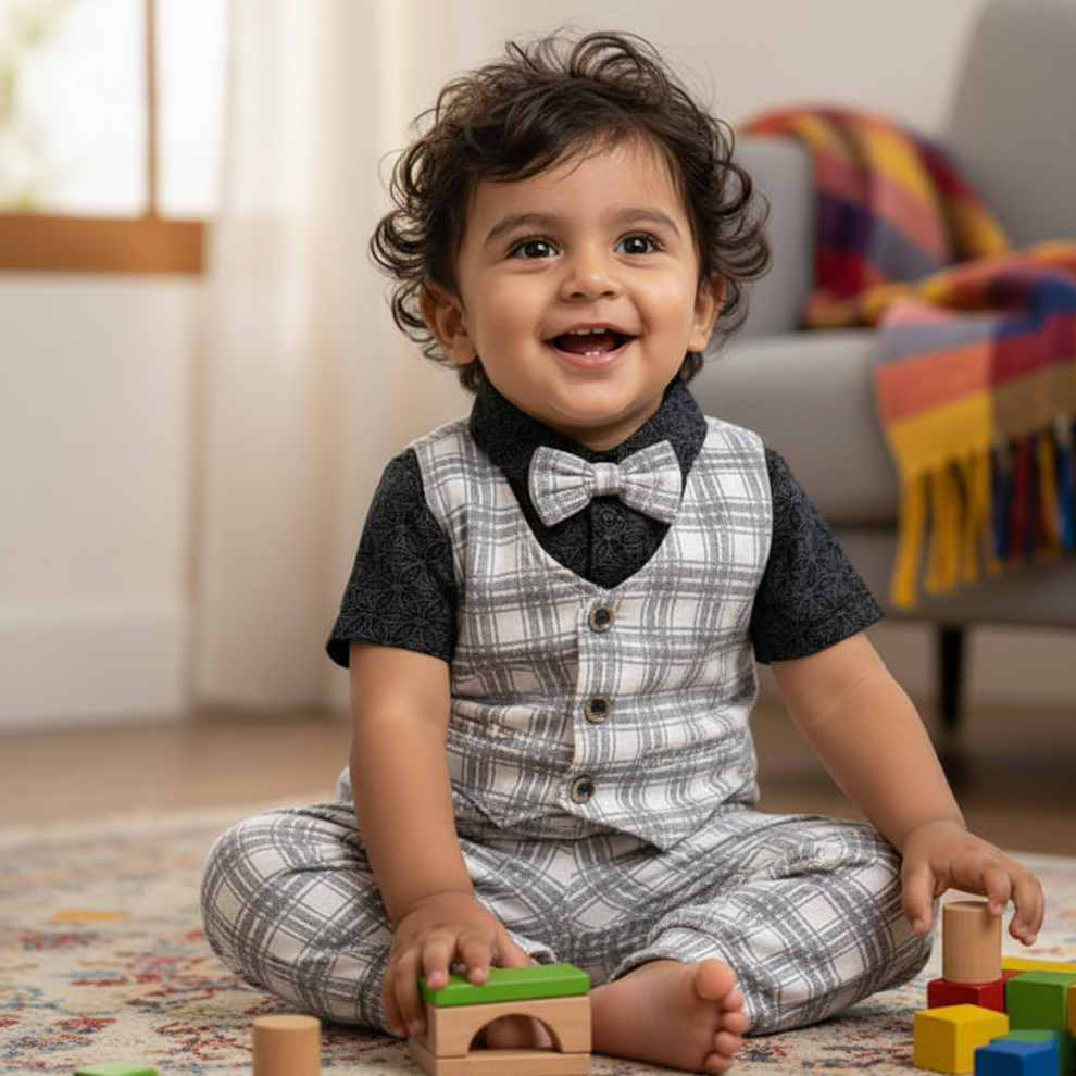 Cubtales Boys Black & White Check Formal Co-ord Set with Shirt, Vest, Bow Tie & Pants for Baby Boys