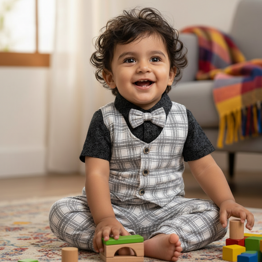 Cubtales Boys Black & White Check Formal Co-ord Set with Shirt, Vest, Bow Tie & Pants for Baby Boys