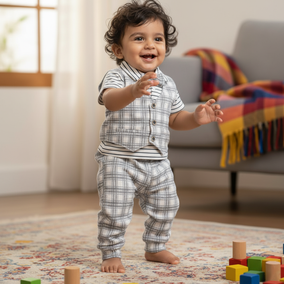 Cubtales Boys White Check Formal Co-ord Set with Stripe Shirt, Vest & Pants for Baby Boys