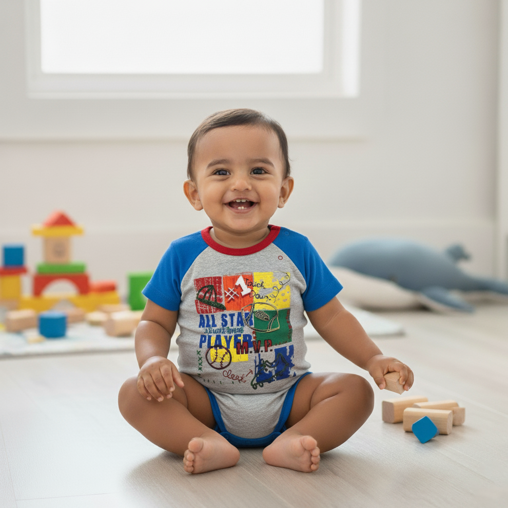 Cubtales Boys All Star Player Sports Print Grey and Blue Cotton Romper for Baby Boys