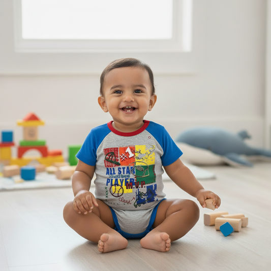 Cubtales Boys All Star Player Sports Print Grey and Blue Cotton Romper for Baby Boys