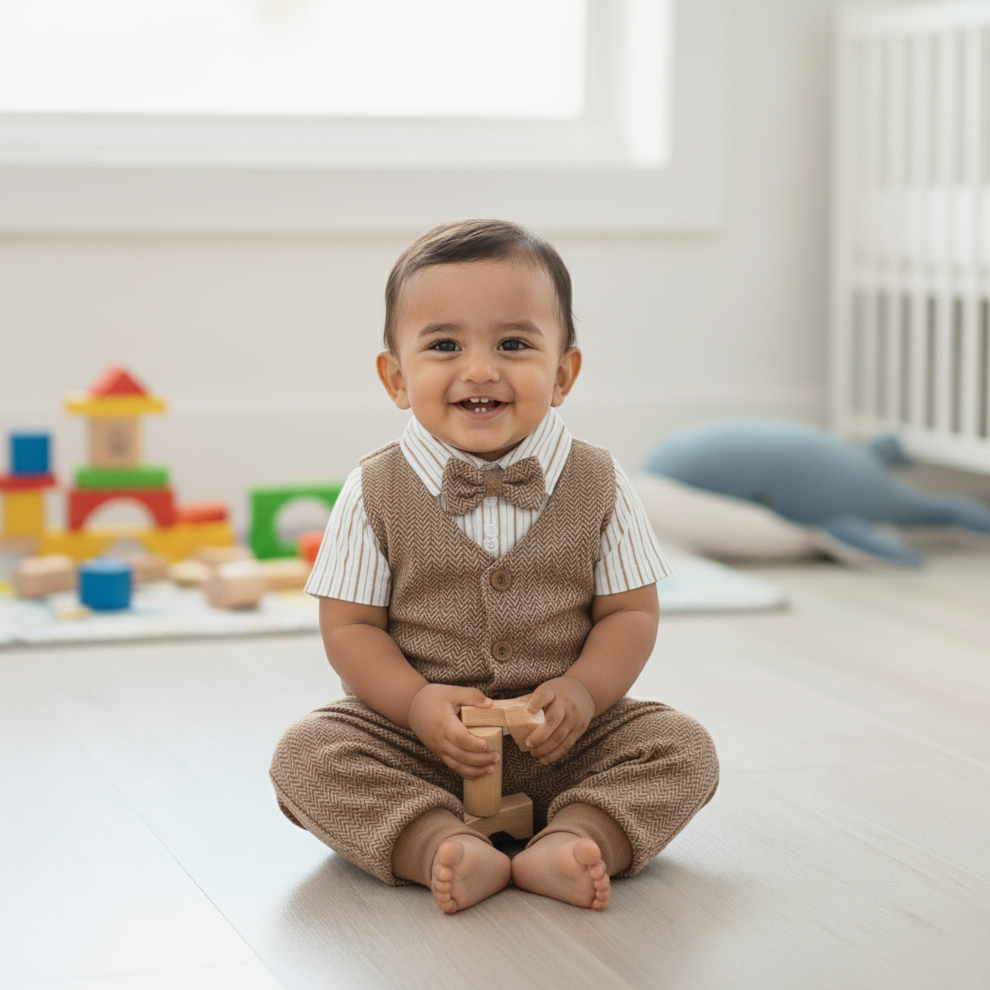 Cubtales Boys Beige Stripe Formal Co-ord Set with Shirt, Vest, Bow Tie & Pants for Baby Boys