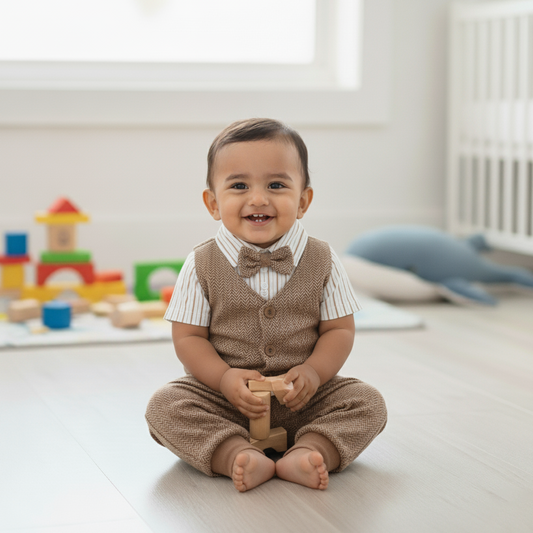 Cubtales Boys Beige Stripe Formal Co-ord Set with Shirt, Vest, Bow Tie & Pants for Baby Boys