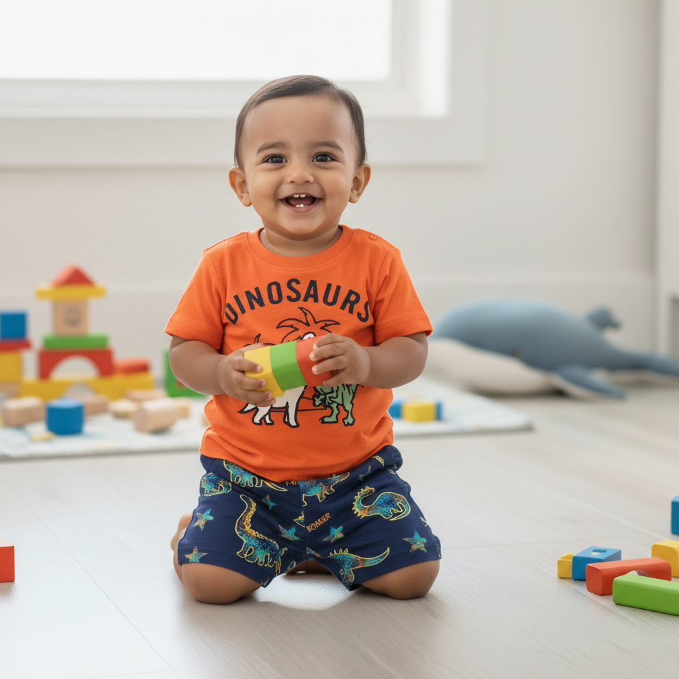 Cubtales Boys Dinosaurs Orange T-Shirt and Blue Dino Print Shorts Set for Baby Boys