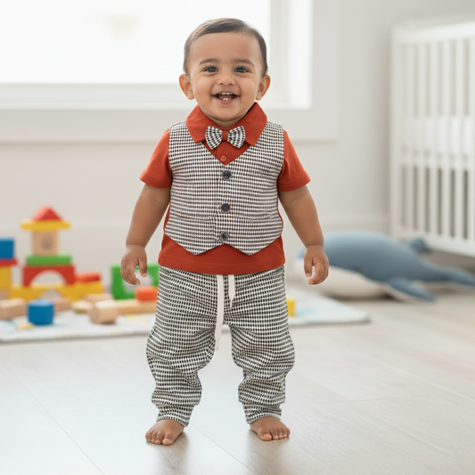 Cubtales Boys Formal Brown Shirt, Check Vest, Bow Tie & Pants Set for Baby Boys