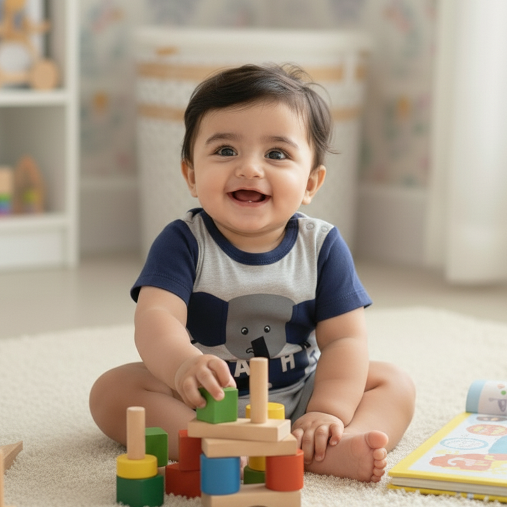 Cubtales Boys Grey & Navy Elephant Print Romper