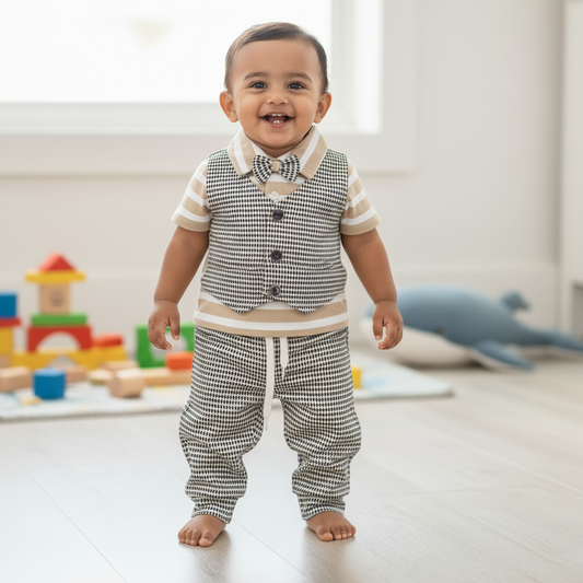 Cubtales Boys Grey Stripe Formal Co-ord Set with Shirt, Vest, Bow Tie & Pants for Baby Boys