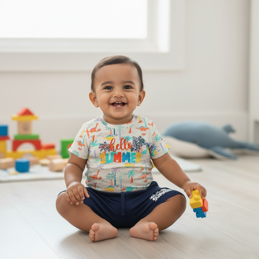 Cubtales Boys Hello Summer Dinosaur Print T-Shirt and Navy Shorts Set for Baby Boys