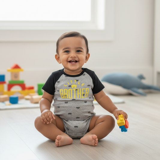 Cubtales Boys Little Brother Grey and Black Cotton Romper for Baby Boys