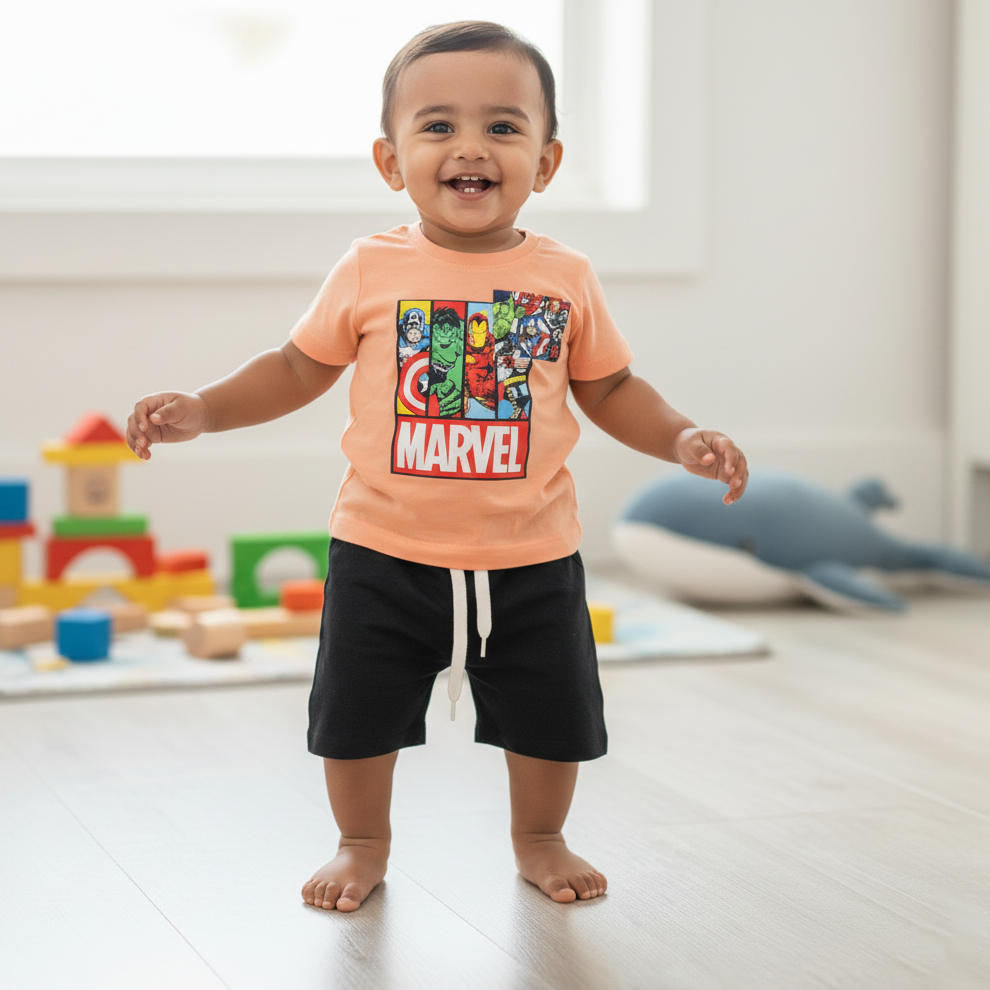 Cubtales Boys Marvel Avengers Peach T-Shirt and Navy Shorts Set for Baby Boys
