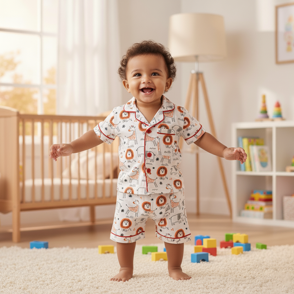 Cubtales Boys Night Suit – White Safari Print Shirt & Shorts Set