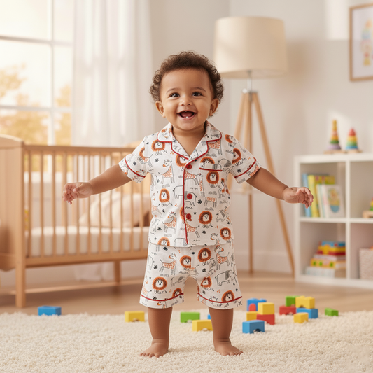 Cubtales Boys Night Suit – White Safari Print Shirt & Shorts Set