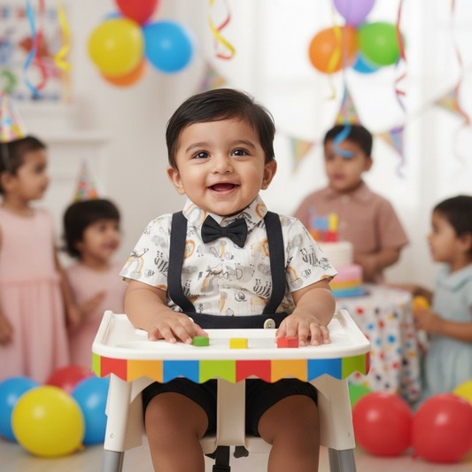 Cubtales Boys Occasion Wear – Printed Shirt with Navy Suspender Shorts & Bow Tie