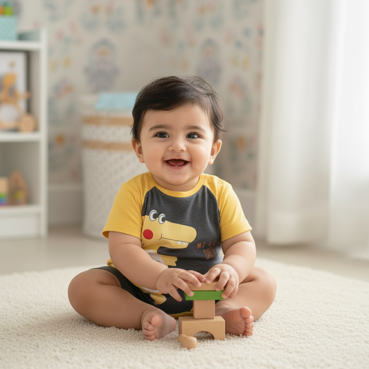 Cubtales Boys Romper – Crocodile Print Navy & Yellow Short Sleeve Romper