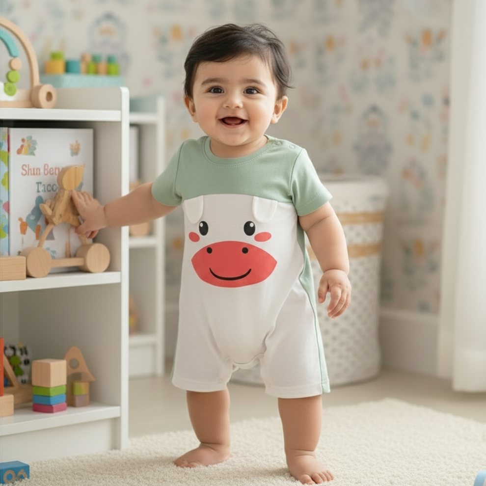 Cubtales Boys Romper – Green & White Cow Face Short Sleeve Romper