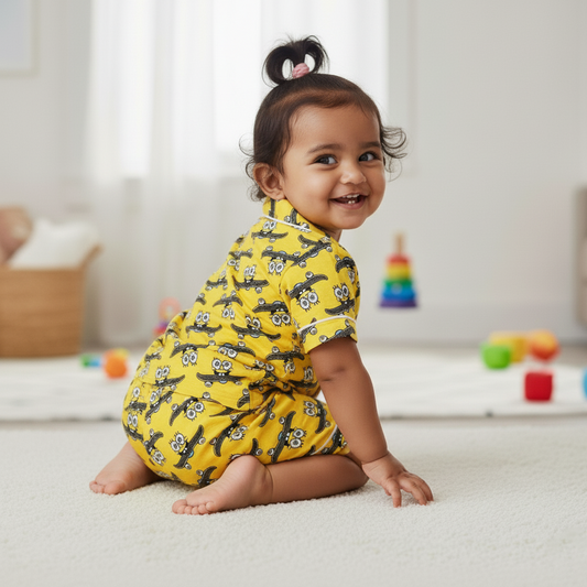 Cubtales Boys’ Yellow Car Print Cotton Shirt & Shorts Set