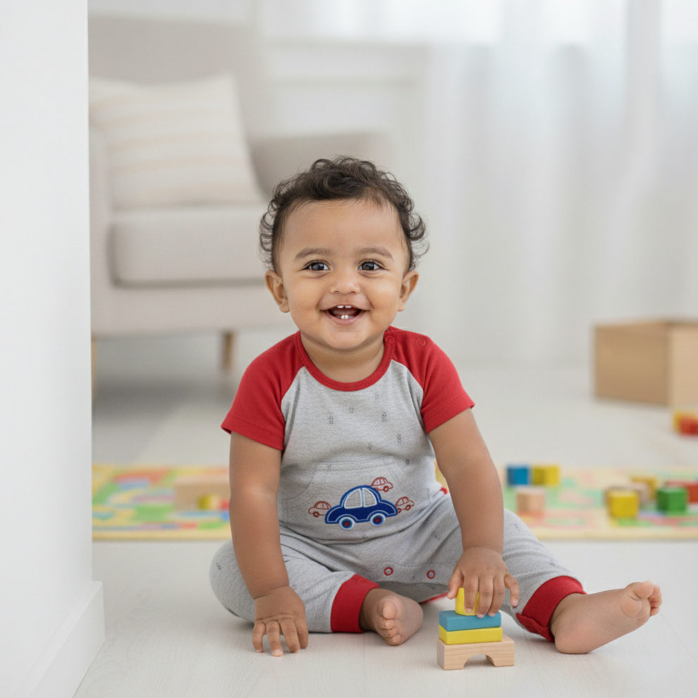 Cubtales Car Print Grey & Red Romper for Baby Boys & Toddlers