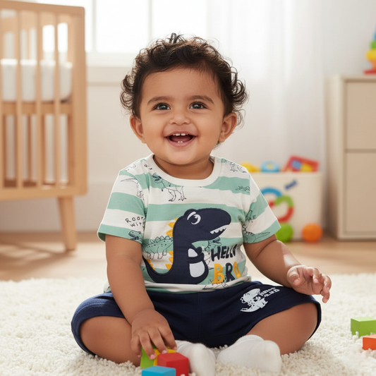 Cubtales Dino Hello Bro T-Shirt & Shorts Set for Boys