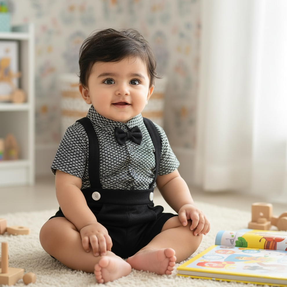 Olive Green Romper Set with Check Shirt for Baby Boys