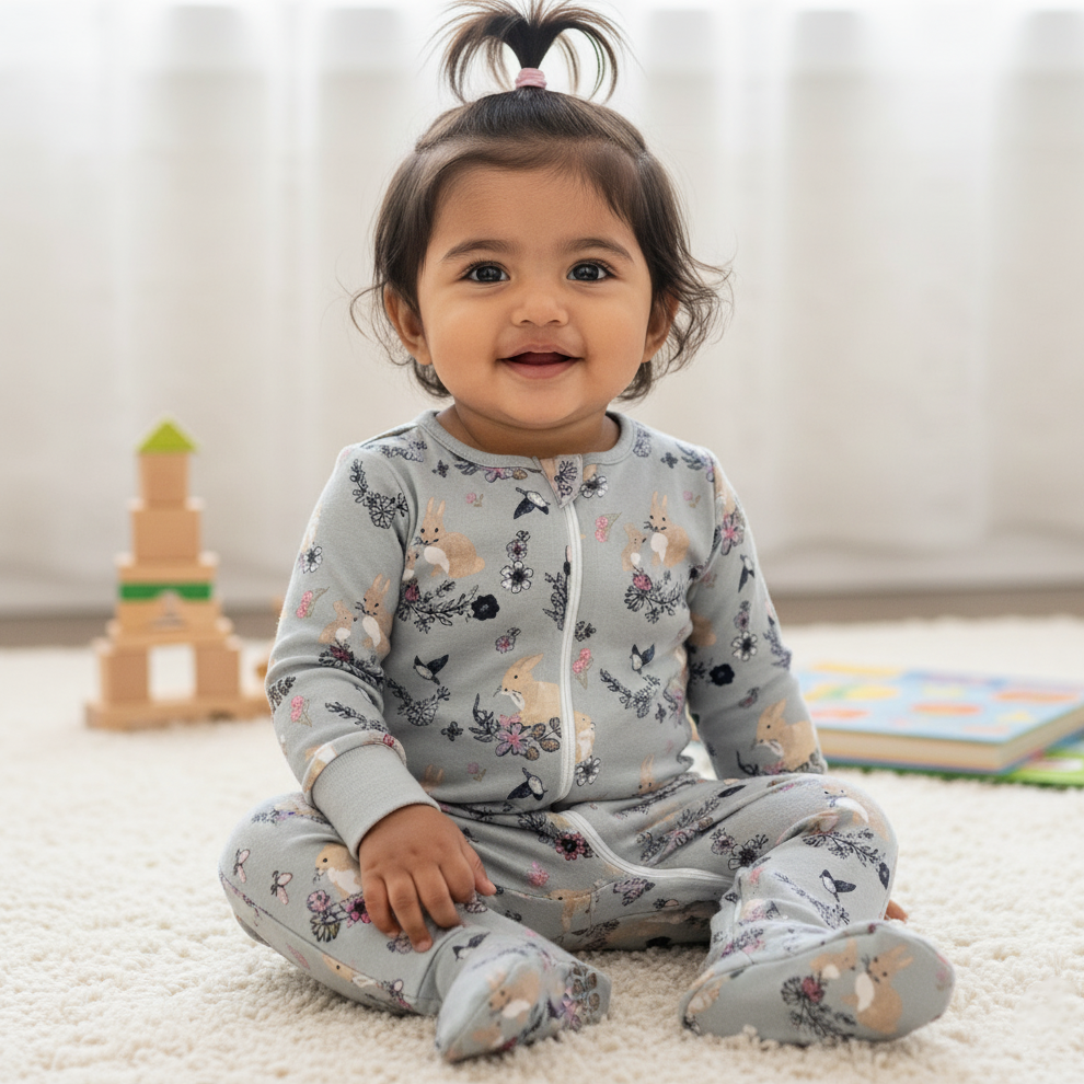 Cubtales Girls Bunny Print Blue Cotton Sleepsuit for Baby Girls