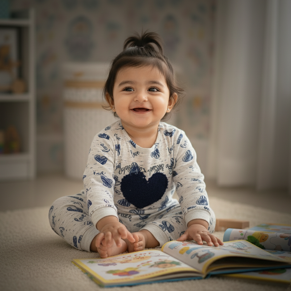 Cubtales Girls Co-ord Set – White & Blue Heart Print T-Shirt and Pants