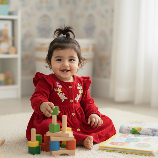 Cubtales Girls Dress – Red Floral Embroidered Long Sleeve Frock