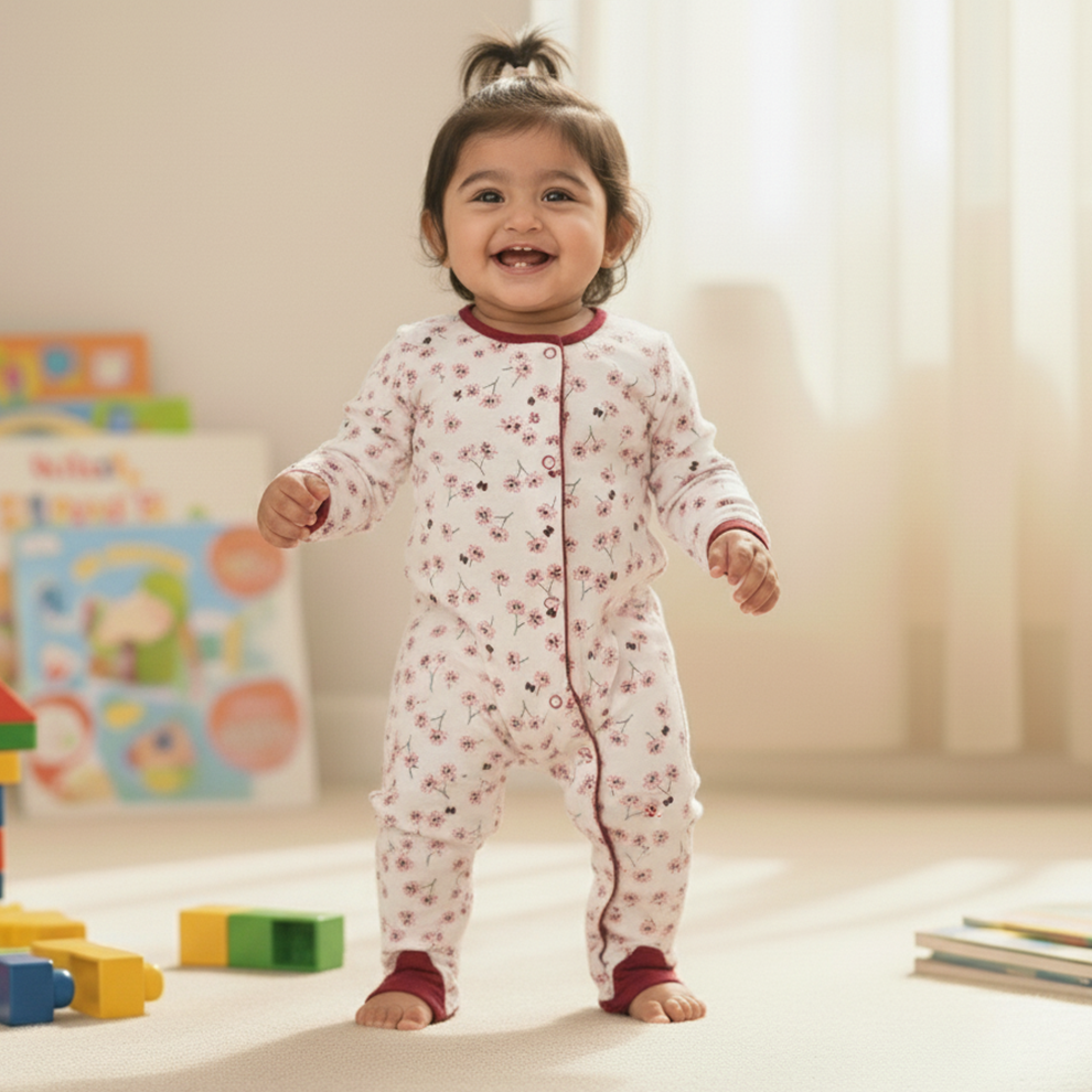 Cubtales Girls Floral Print Footed Sleepsuit Cotton for Baby Girls