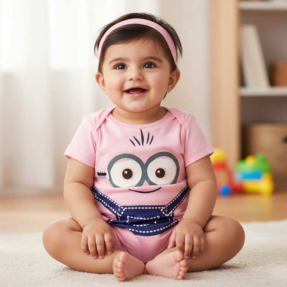Cubtales Girls Pink Minion Face Cotton Romper for Baby Girls