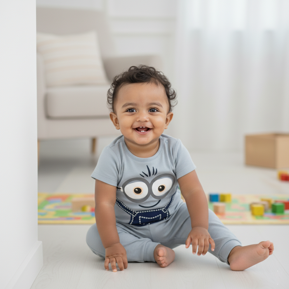 Cubtales Minion Print Blue Romper for Baby Boys & Toddlers