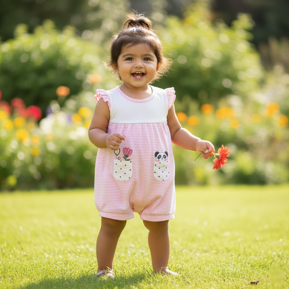Cubtales Panda & Floral Print Romper for Baby Girls & Toddlers