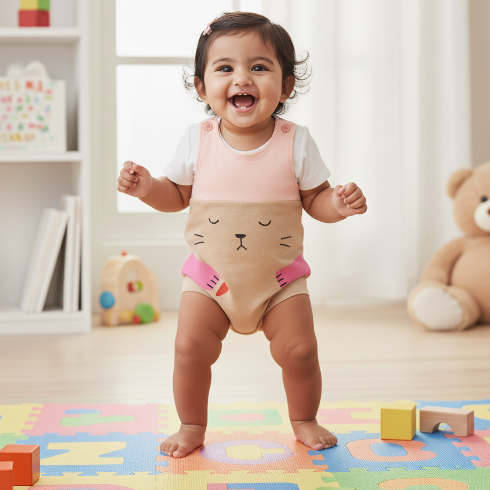 Cubtales Girls Cat Face Print Pink and Beige Dungaree Set for Baby Girls