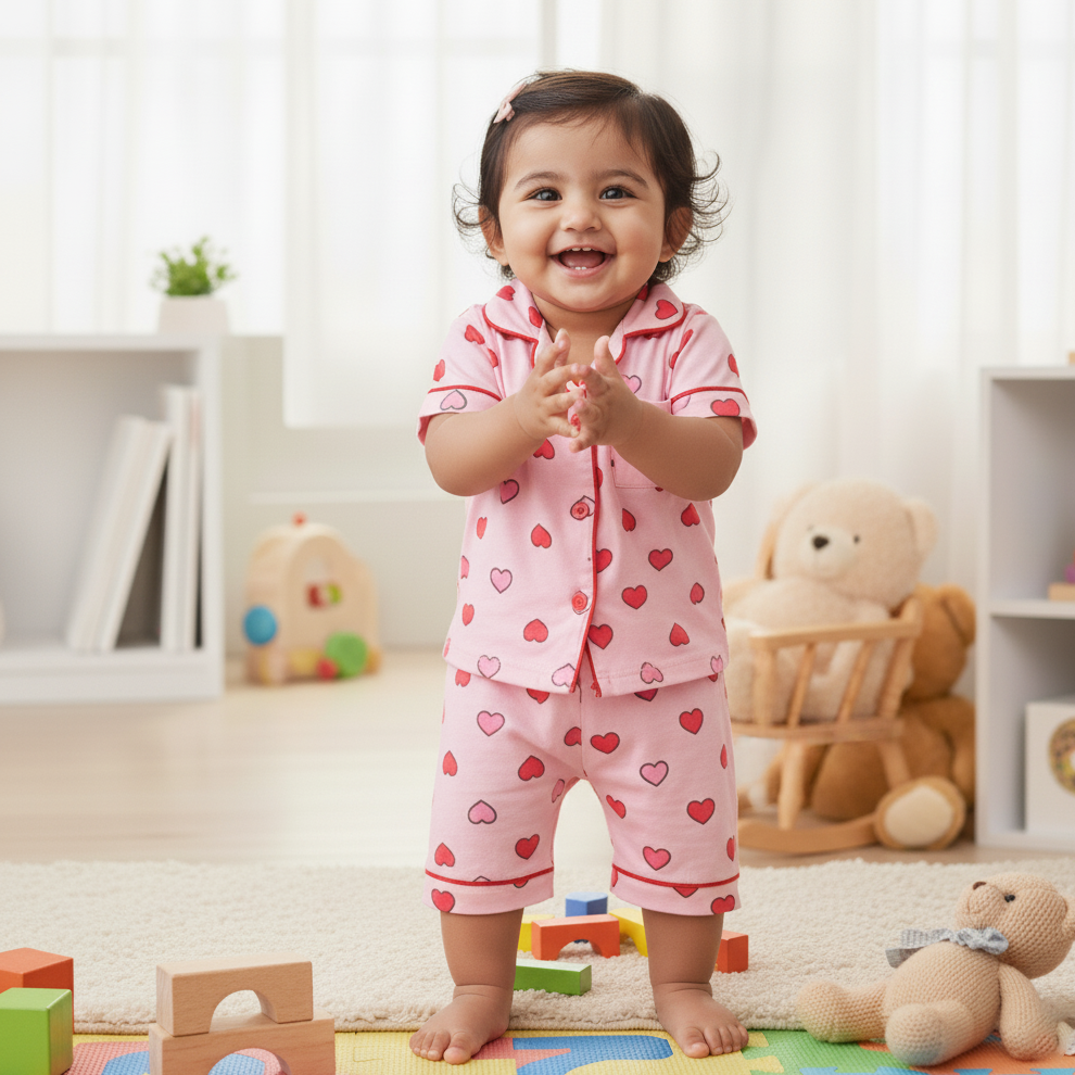 Girls Co-ord Set in Pink Cotton – Heart Motif | Cubtales