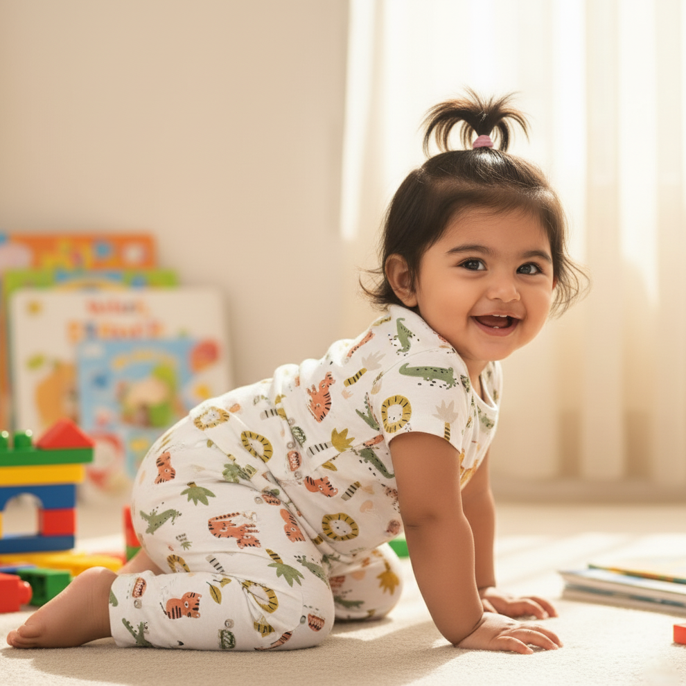 Girls Co-ord Set in White Cotton – Animal Motif | Cubtales