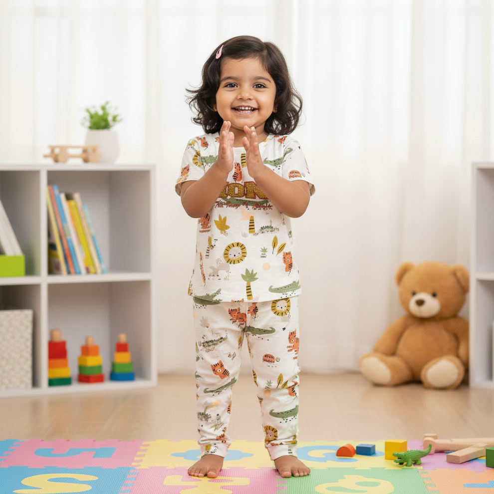 Girls Co-ord Set in White Cotton – Animal Motif | Cubtales