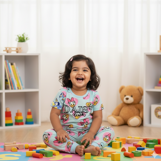 Girls Co-ord Set in White Cotton – Daisy Duck Motif | Cubtales