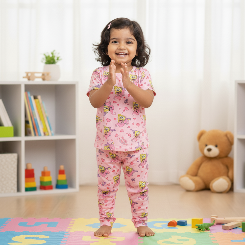 Girls Co-ord Set in White Cotton – Sponge Bob Motif | Cubtales