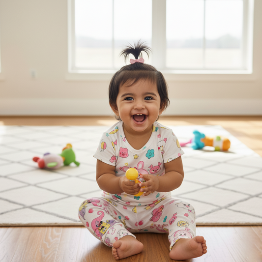 Girls Co-ord Set in White Cotton – Animal Motif | Cubtales