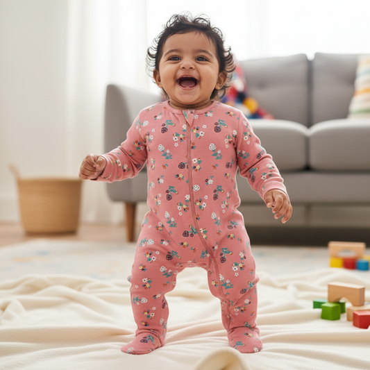 Cubtales Girls Pink Floral Print Cotton Sleepsuit for Baby Girls