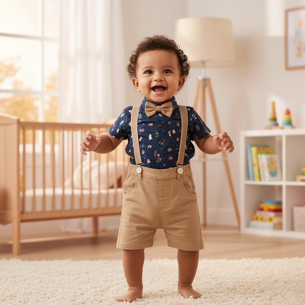 Cubtales Boys Christmas Print Navy Shirt and Brown Shorts Set for Baby Boys