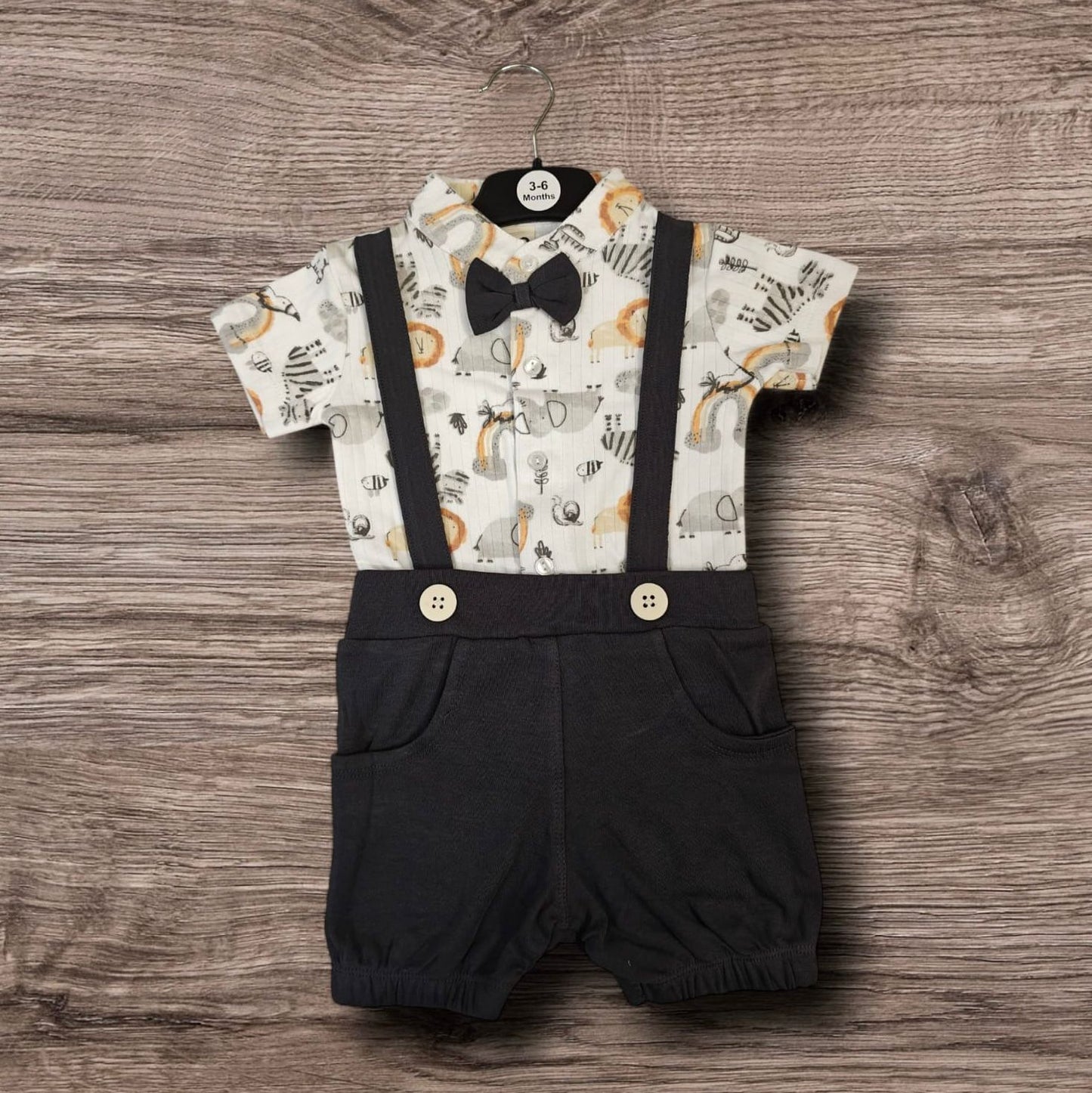 Cubtales Boys Occasion Wear – Printed Shirt with Navy Suspender Shorts & Bow Tie